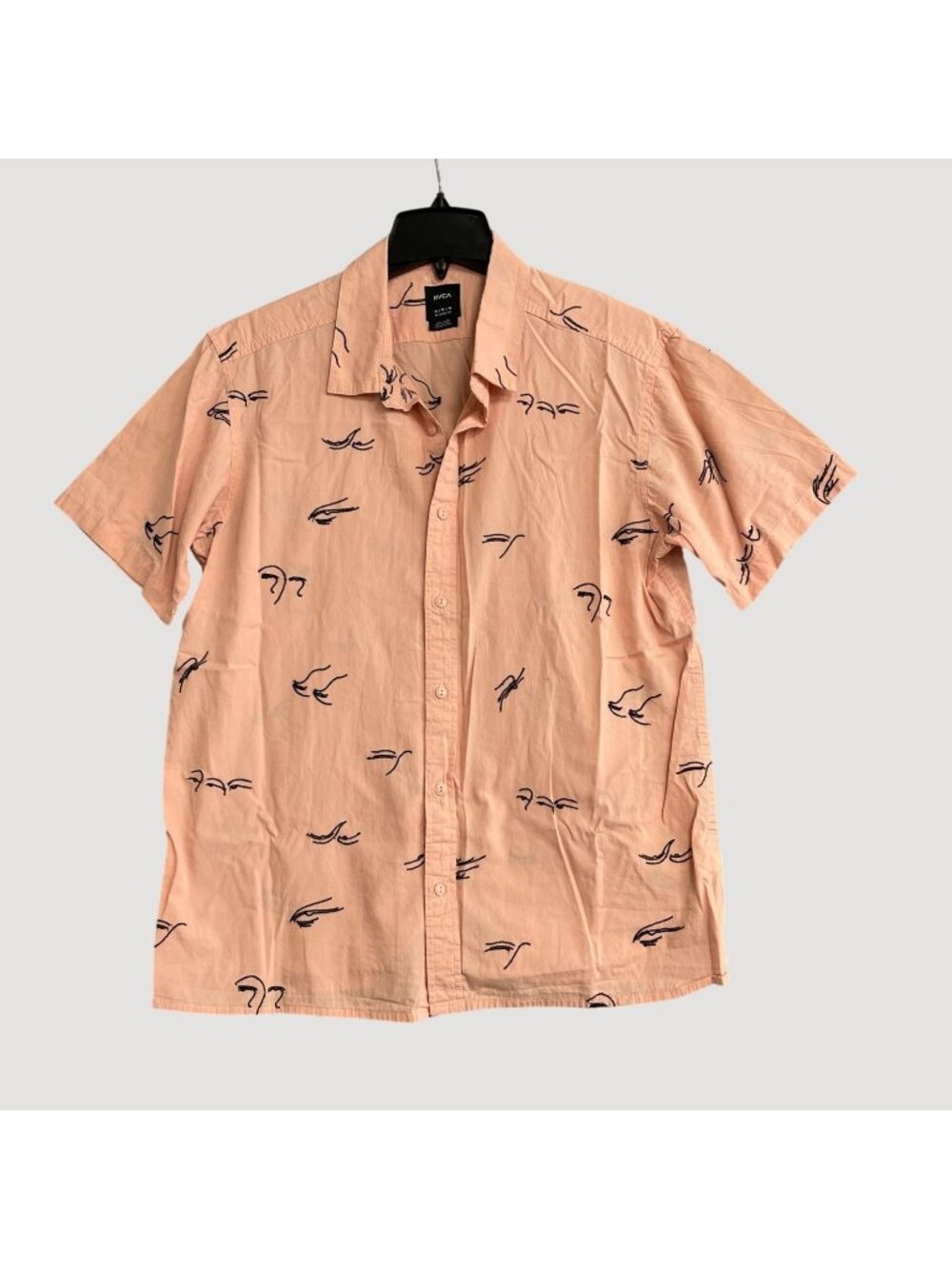 RVCA Men's M Relaxed Fit Pink Button-Up Shirt With Embroidered Eye Pattern P0304